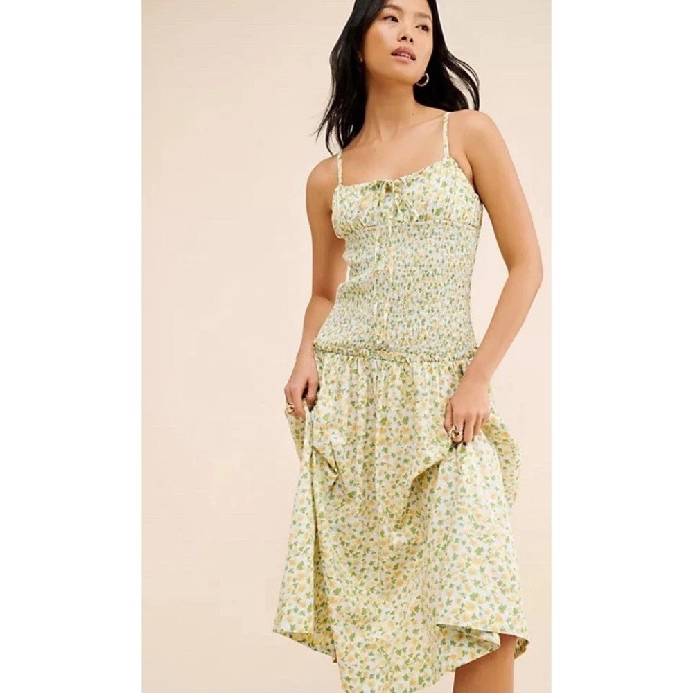 Free People Lavender Daze Floral Drop Waist‎ Smocked Midi Dress, Size Small